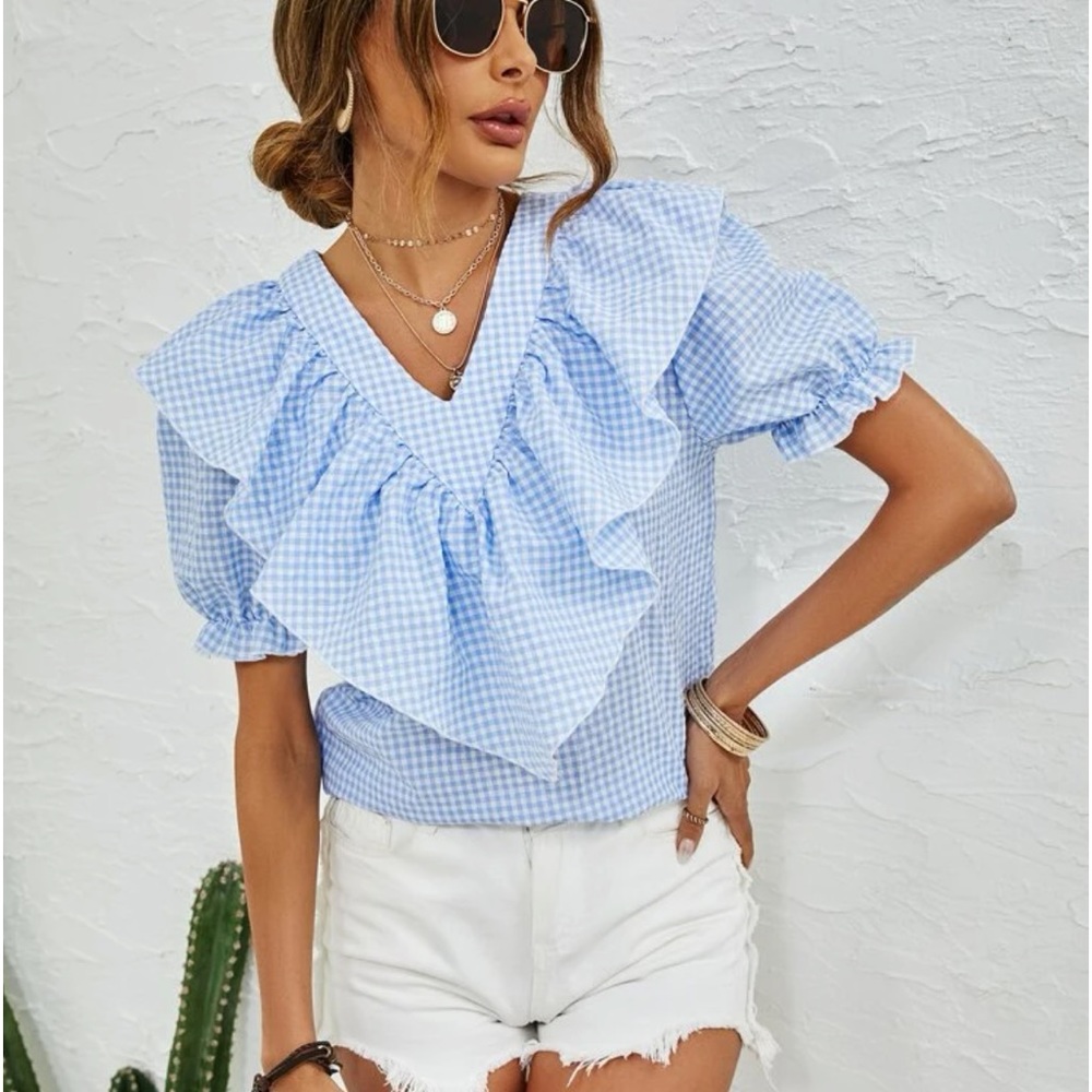Shein women’s Gingham ruffle trim flounce sleeve blouse blue and white Size XL